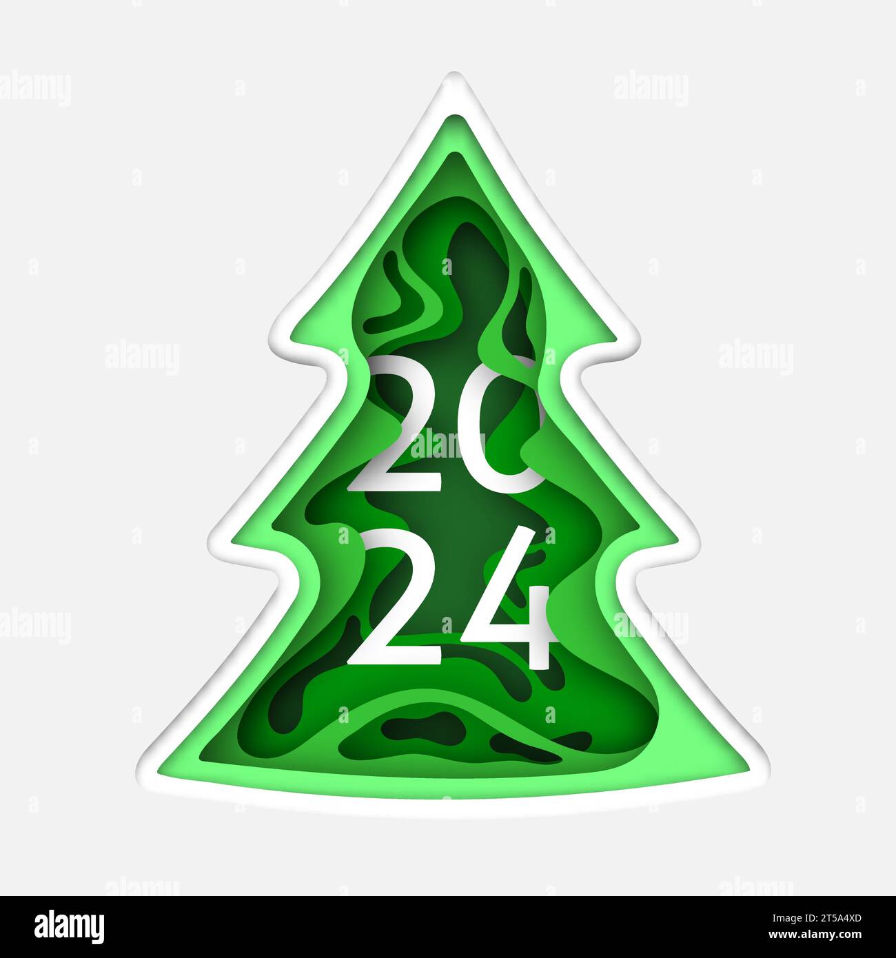 Frohes Neues Jahr 2024. Papierkunst grüner Tannenbaum im realistischen Handwerksstil. Hintergrund der Weihnachtsfeiertage. Vektorabbildung Stock Vektor