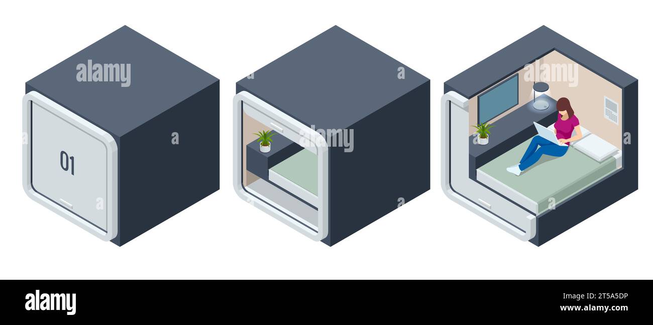 Isometrische Schlafraumkapselhäuser. Schlafende Menschen im Smart Capsule Hotel. Schlafbox. Schlafkapseln Stock Vektor