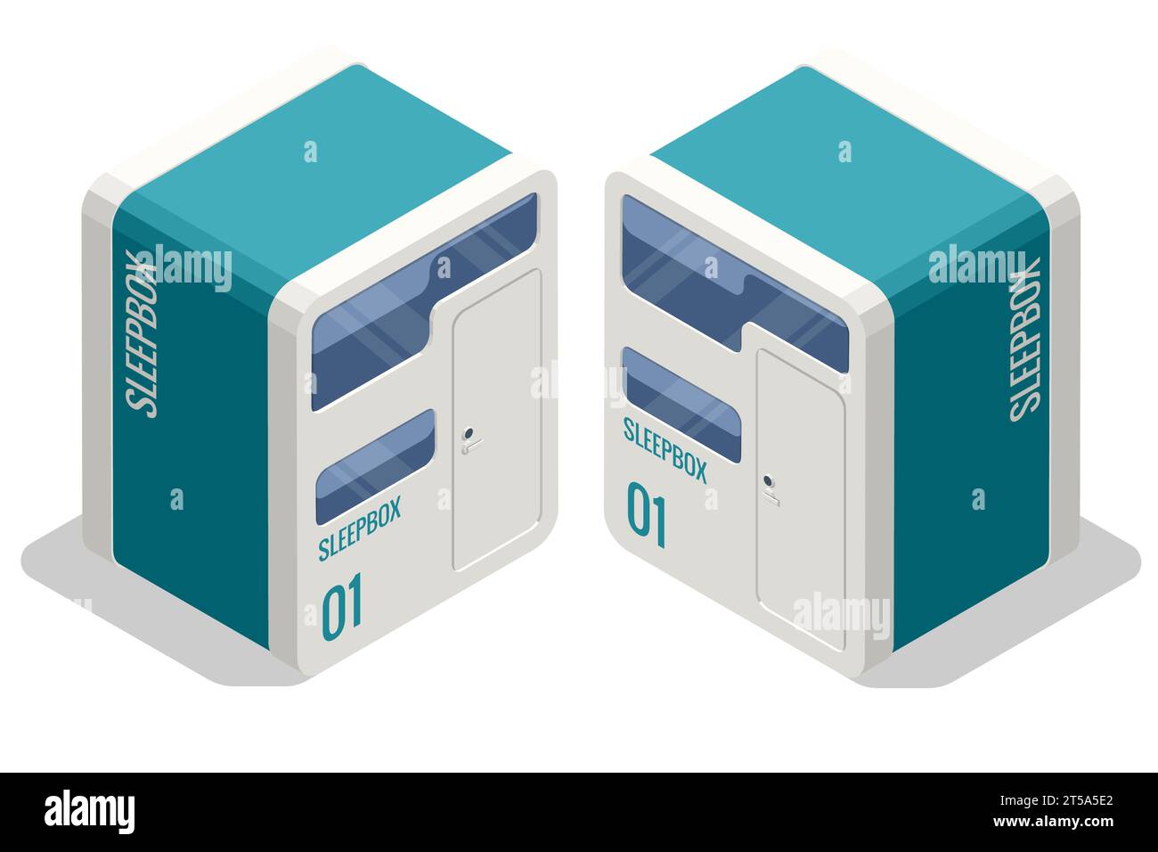 Isometrische Schlafraumkapselhäuser. Schlafende Menschen im Smart Capsule Hotel. Schlafbox. Schlafkapseln Stock Vektor