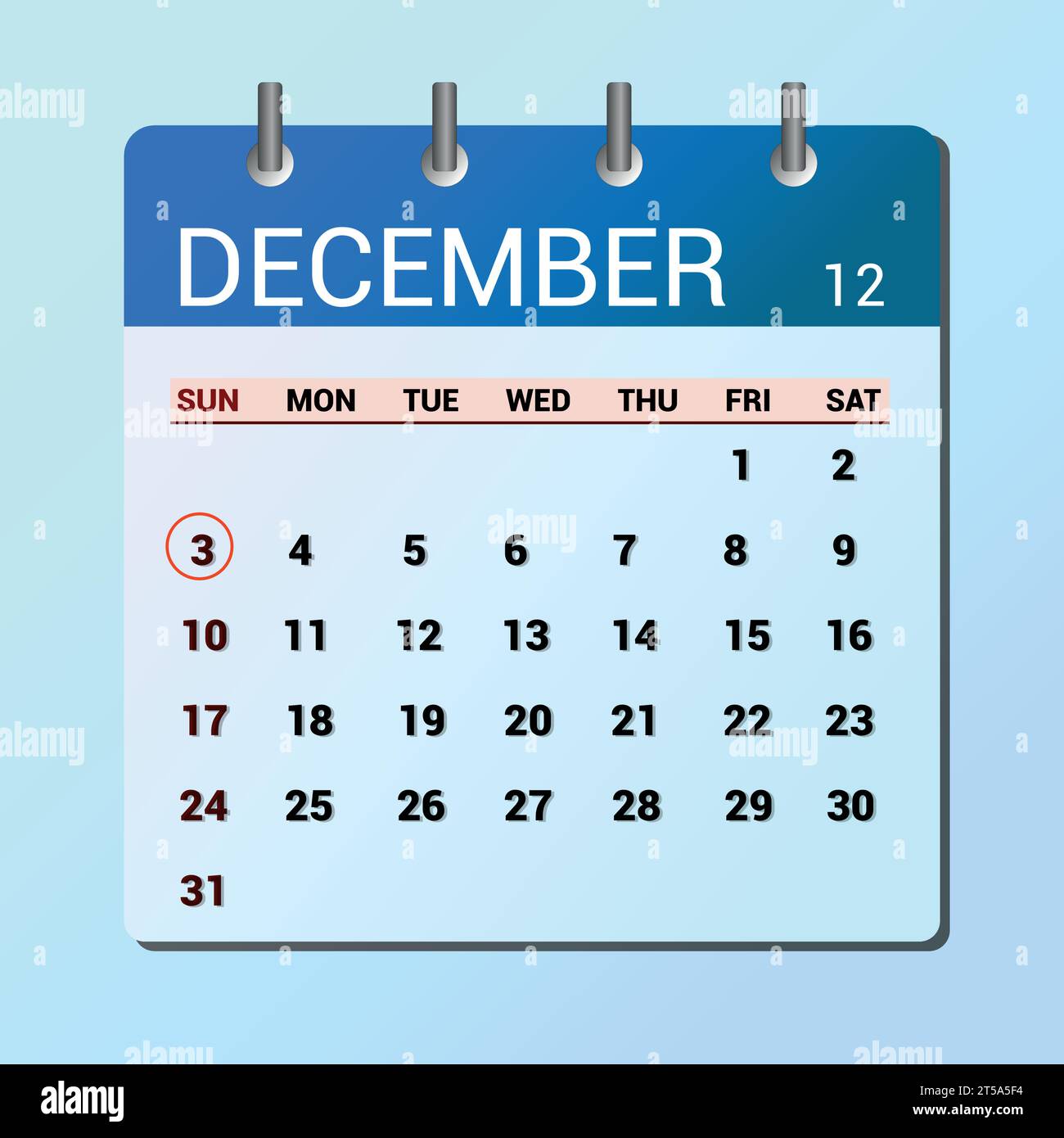 Dezember Kalender mit flachen Symbolen auf blauem Hintergrund isoliert. Vektorillustration für Datum und Monat Stock Vektor
