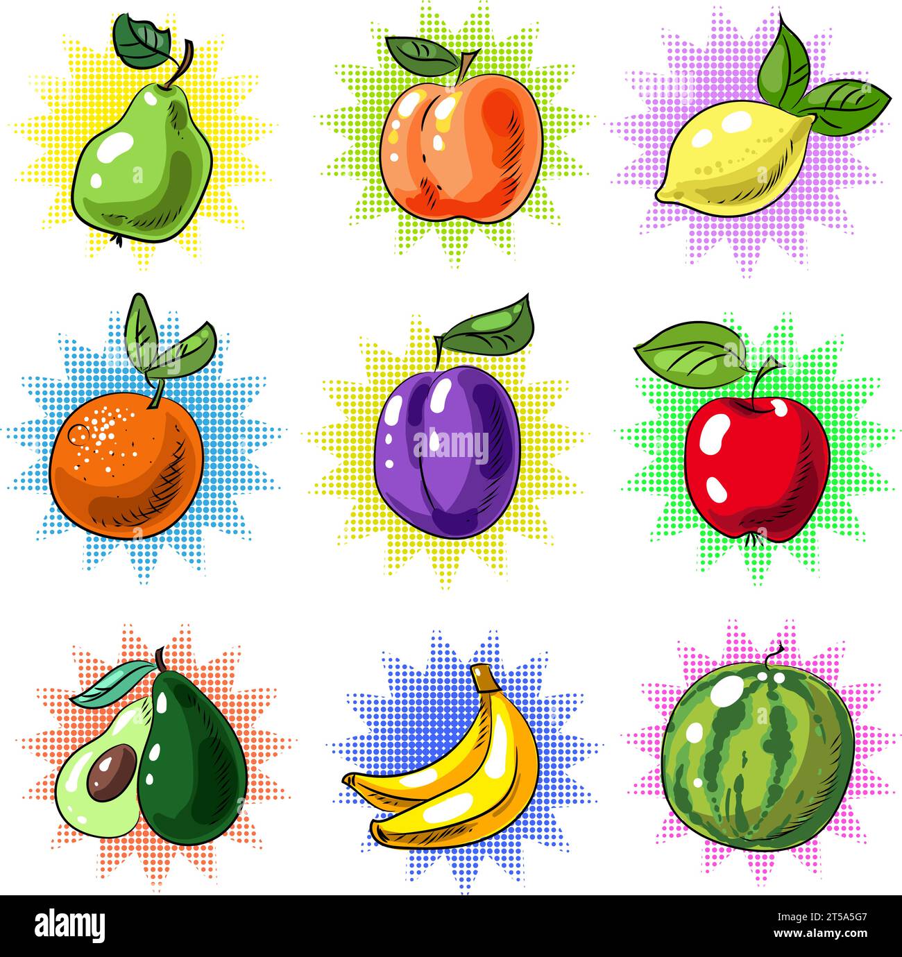 Vector Vintage Pop Art Obst Patch oder Aufkleber Set Stock Vektor