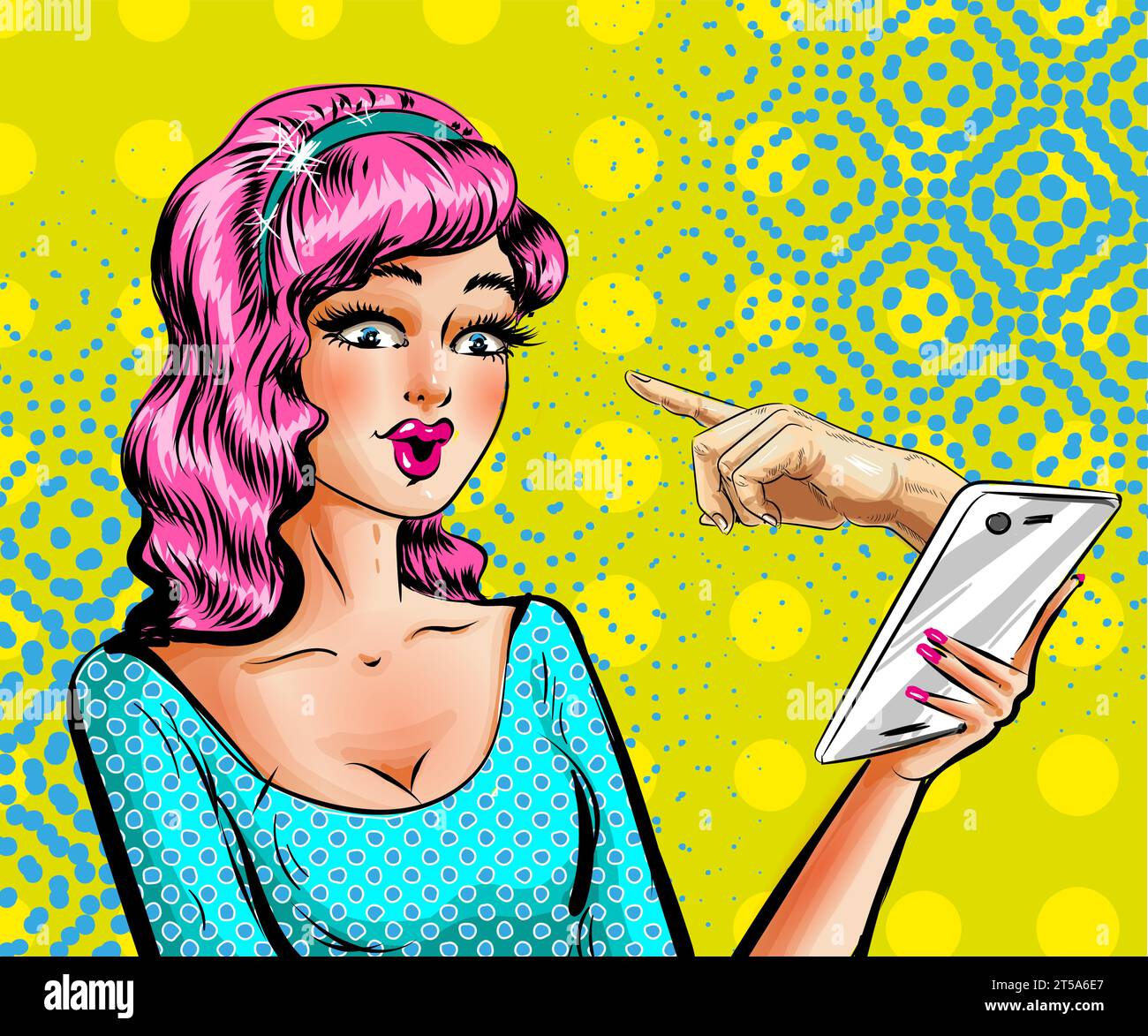 Vektor Pop Art schöne Frau mit Smartphone Stock Vektor