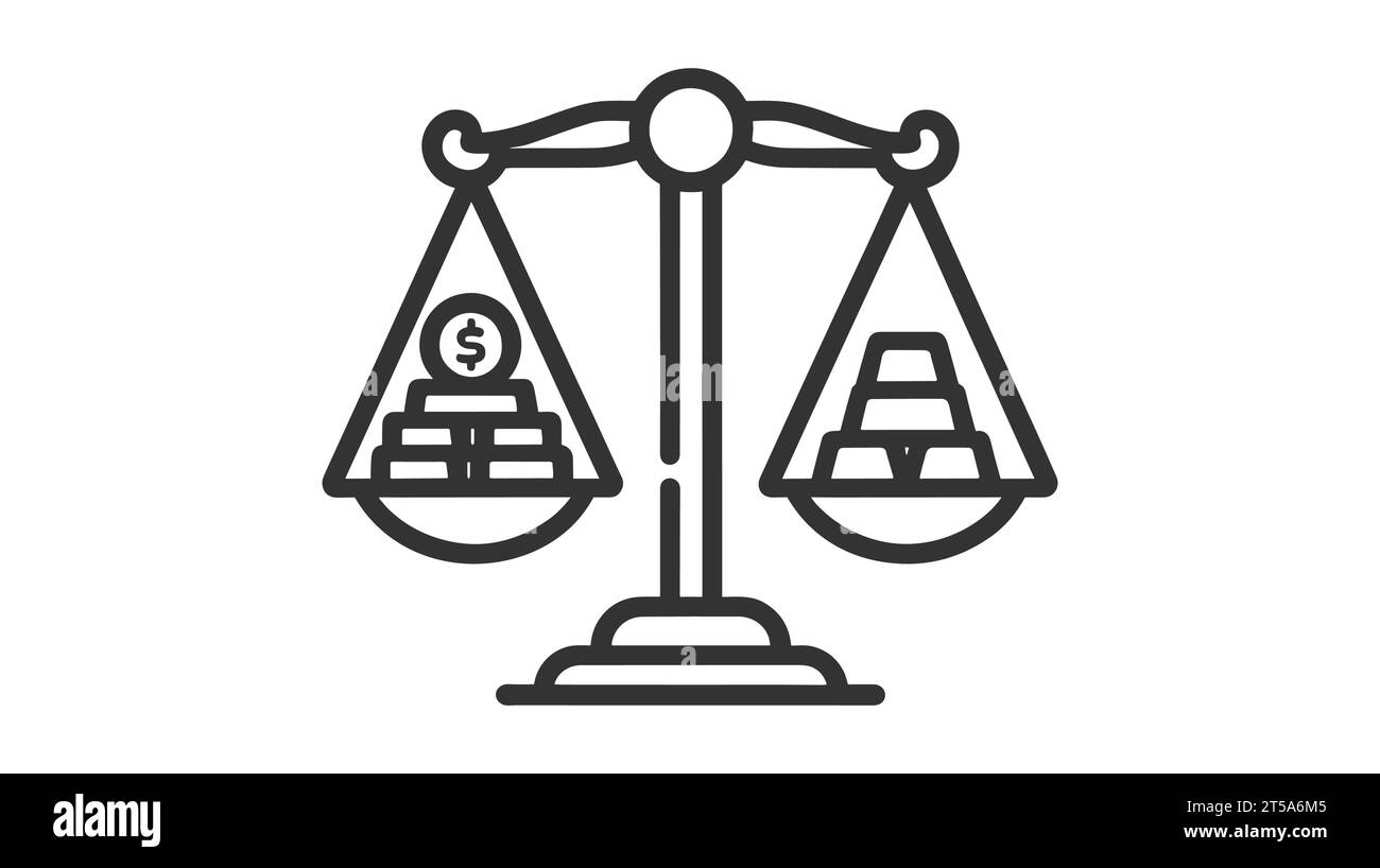 Waagenskala mit Dollarsymbol und Symbol für Goldbarren. Stock Vektor