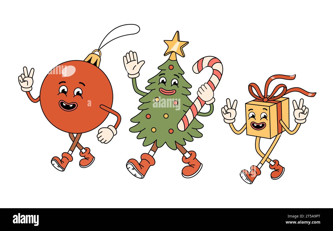 Groovige Weihnachtsfiguren - Baum, Geschenkbox, Spielzeug mit rotem Ball. Groovige Weihnachtsbaumfigur mit Zuckerrohr. Retro-groovige Cartoonfiguren in Doodle Stock Vektor
