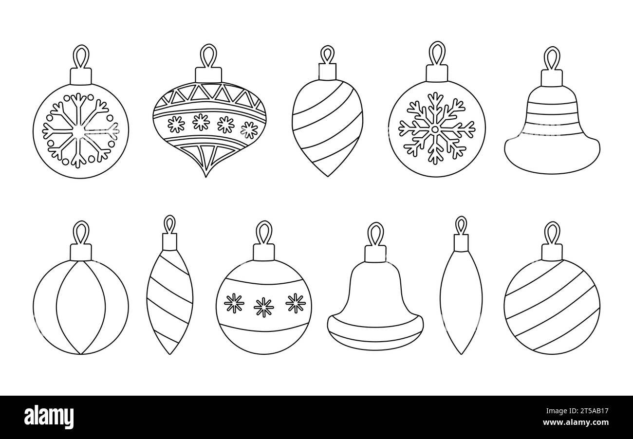 Großer Satz Weihnachtsbaum Dekoration Spielzeug, Doodle Stil flache Vektor Umrissillustration für Kinder Malbuch Stock Vektor