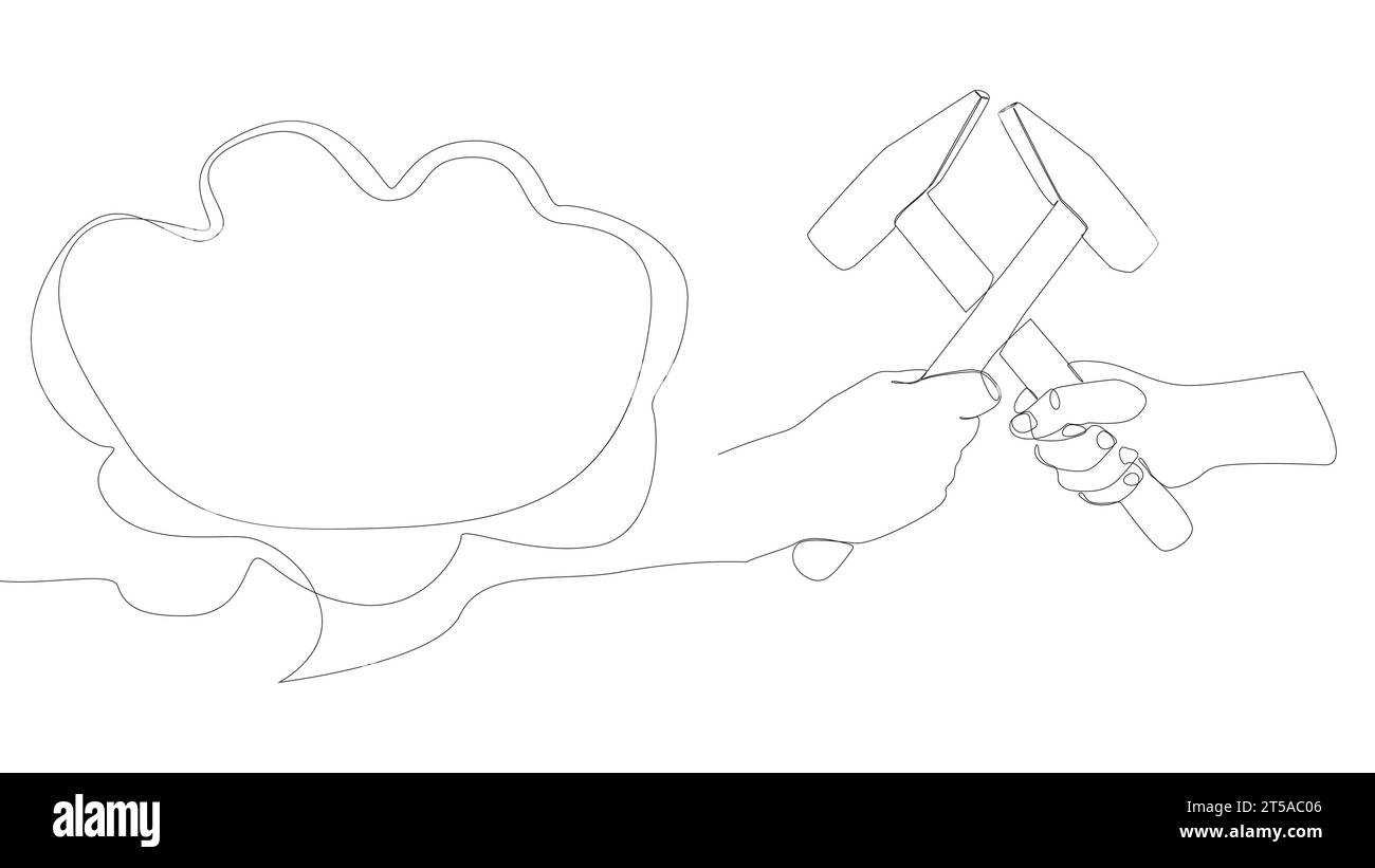 Eine durchgehende Sprechblase mit Hammer. Illustration dünner Linien Tool Vektorkonzept. Konturzeichnung kreative Ideen. Stock Vektor