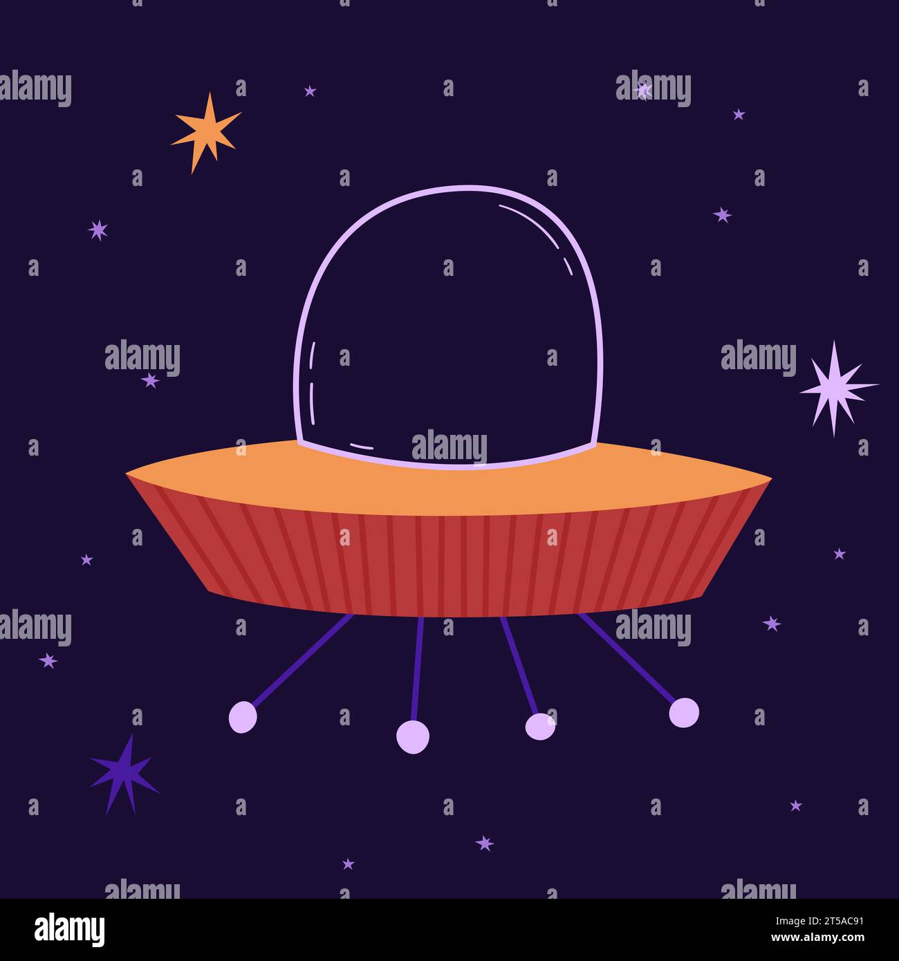 Rotes Alien-Schiff auf dem Hintergrund der Sternenhimmel-Vektor-Illustration. Lustiges UFO im flachen Stil. Ideal für Aufkleber Stock Vektor