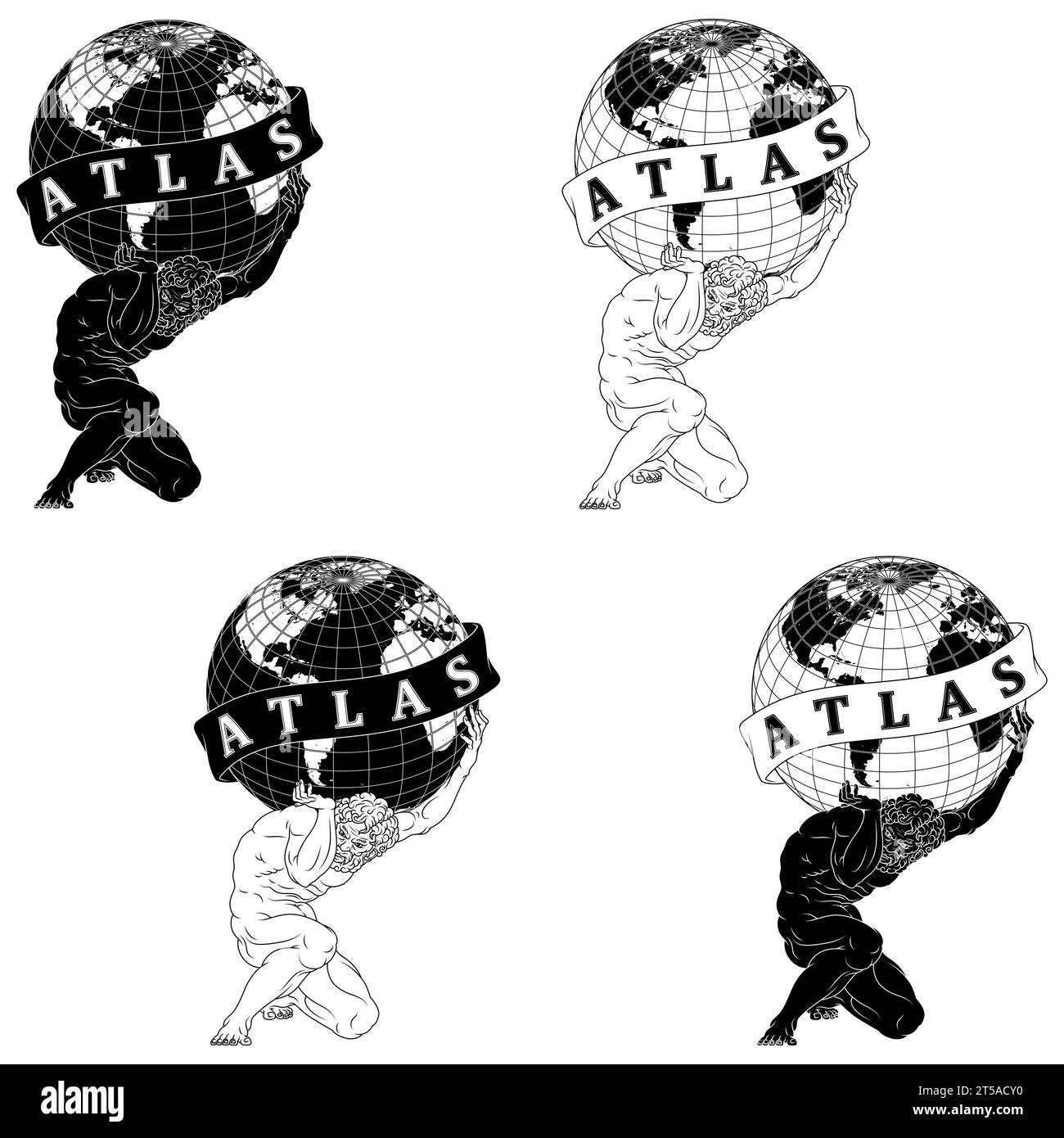 Vektordesign von Titan Atlas, der den Planeten Erde hält, griechische Mythologie titan, der die Erdkugel hält, umgeben von Band Stock Vektor