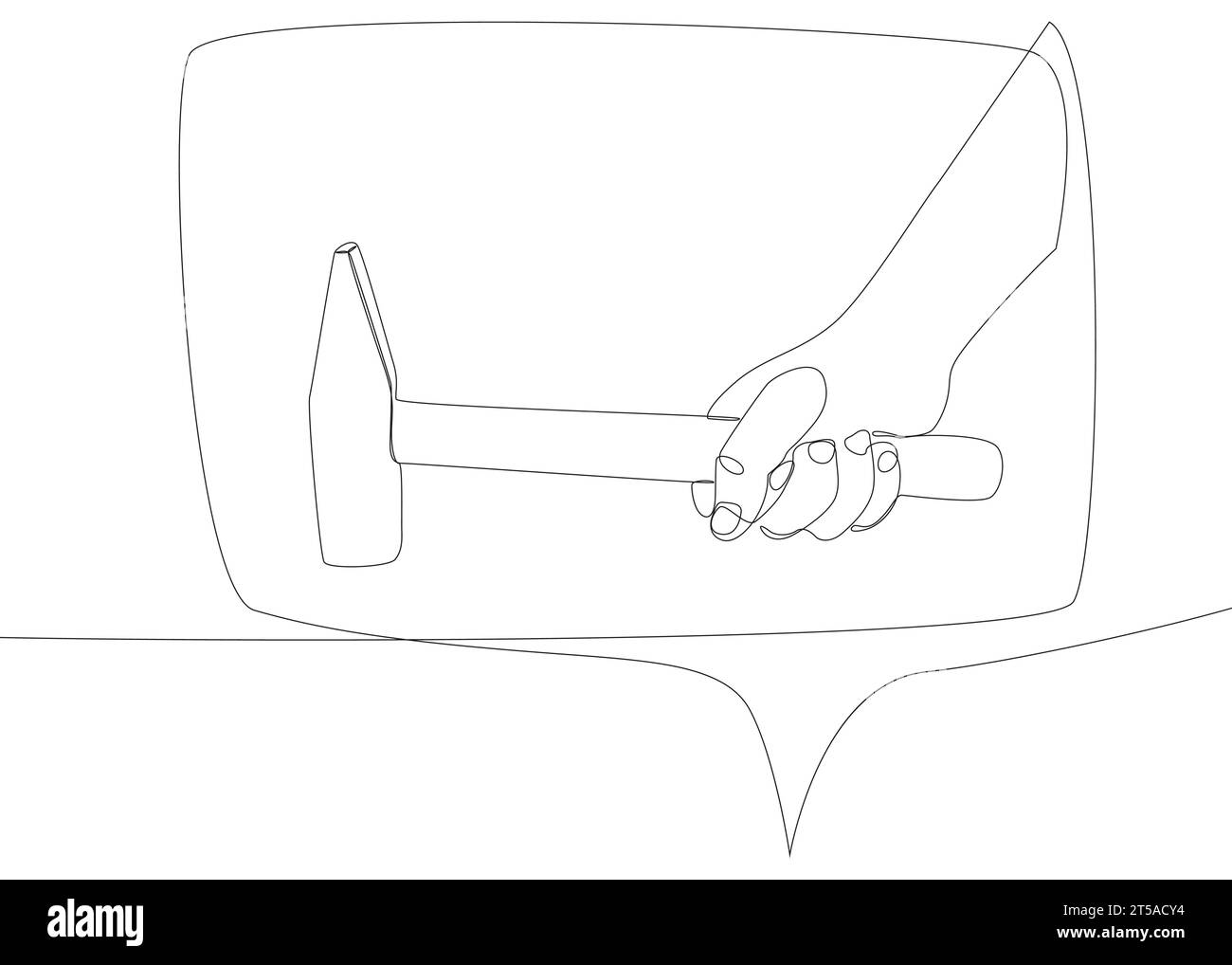 Eine durchgehende Sprechblase mit Hammer. Illustration dünner Linien Tool Vektorkonzept. Konturzeichnung kreative Ideen. Stock Vektor