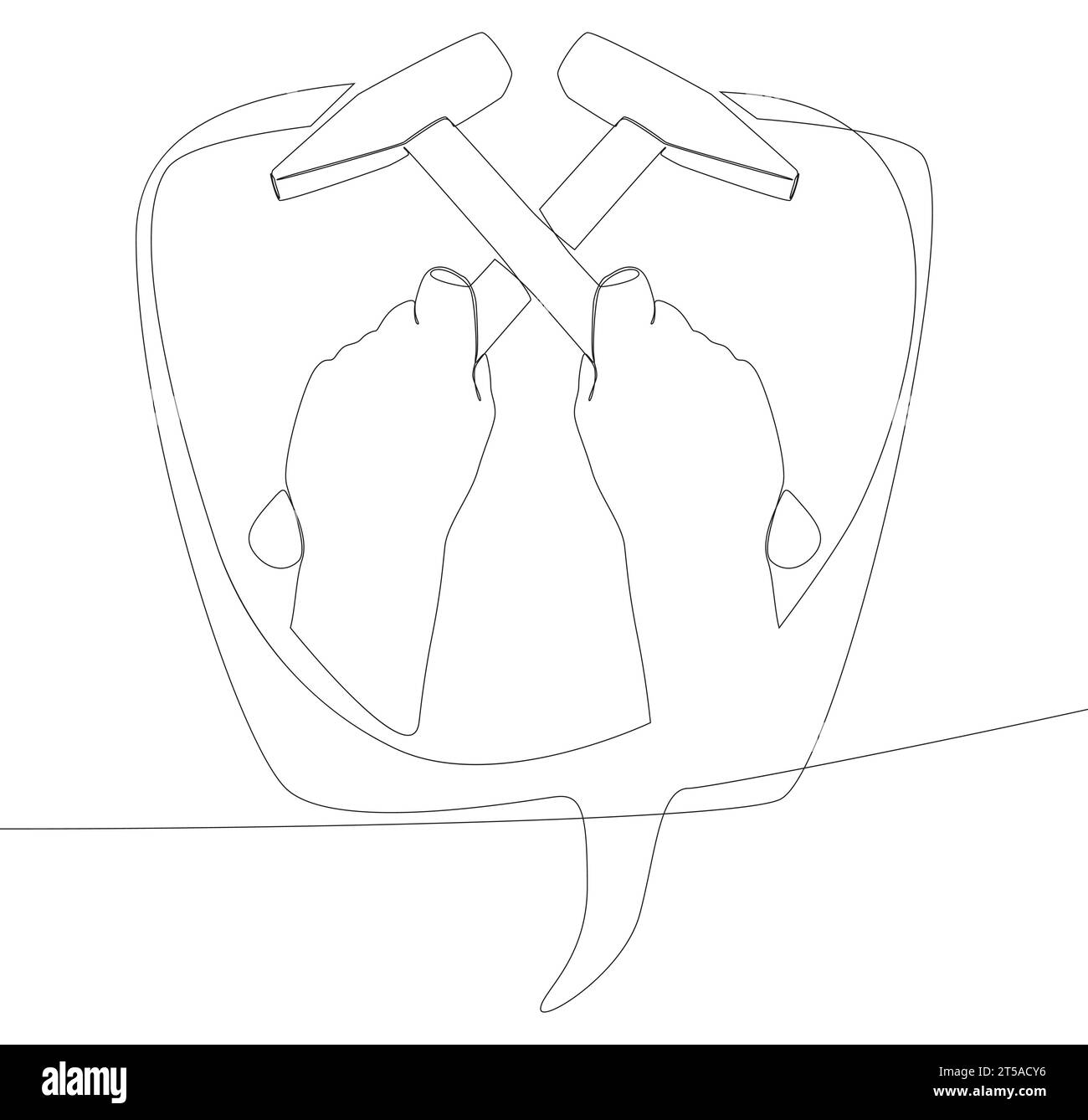 Eine durchgehende Sprechblase mit Hammer. Illustration dünner Linien Tool Vektorkonzept. Konturzeichnung kreative Ideen. Stock Vektor
