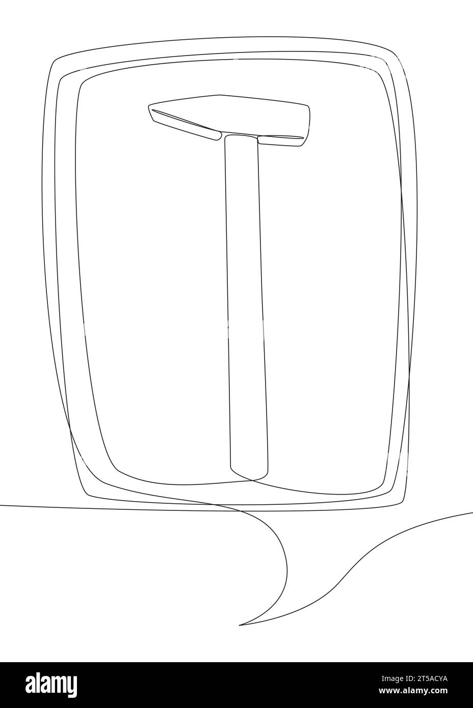 Eine durchgehende Sprechblase mit Hammer. Illustration dünner Linien Tool Vektorkonzept. Konturzeichnung kreative Ideen. Stock Vektor