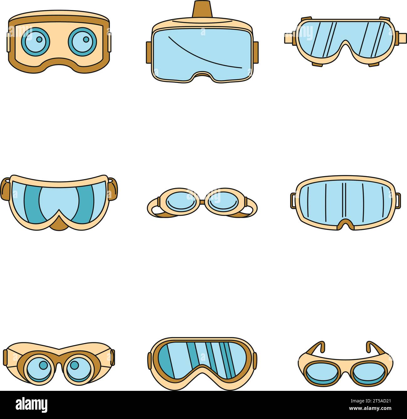 Skibrille Ski Glas Maske Symbole gesetzt. Einfache Illustration von 9 Skibrillen Ski Glas Maske Vektor Symbole dünne Linie Farbe flach auf weiß Stock Vektor