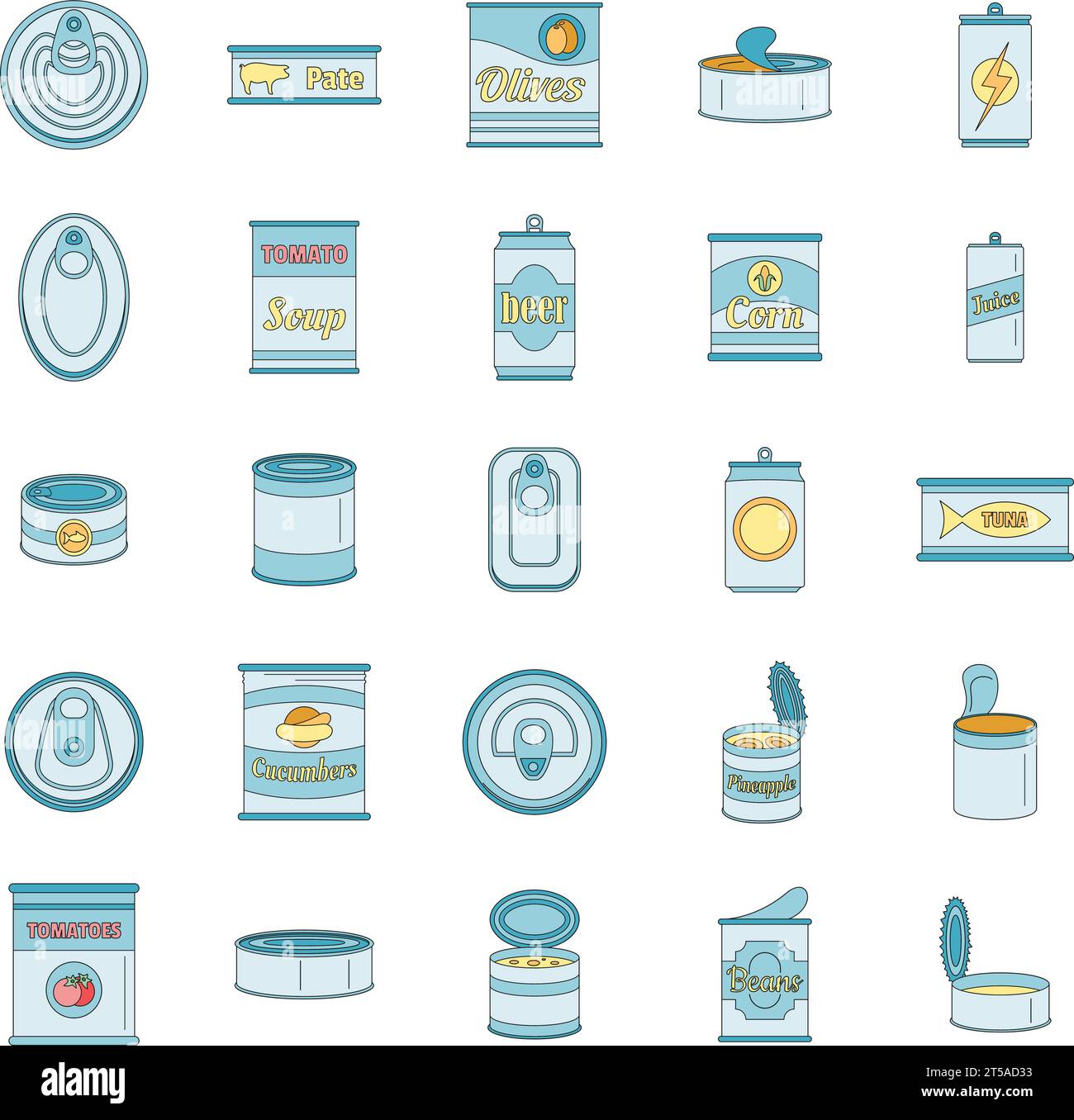 Icons-Set für Lebensmittelverpackungen in Dosen. Umrissdarstellung von 25 Dosendosen Lebensmittelverpackungsgefäß Vektorsymbolen dünne Linie flach auf weiß Stock Vektor