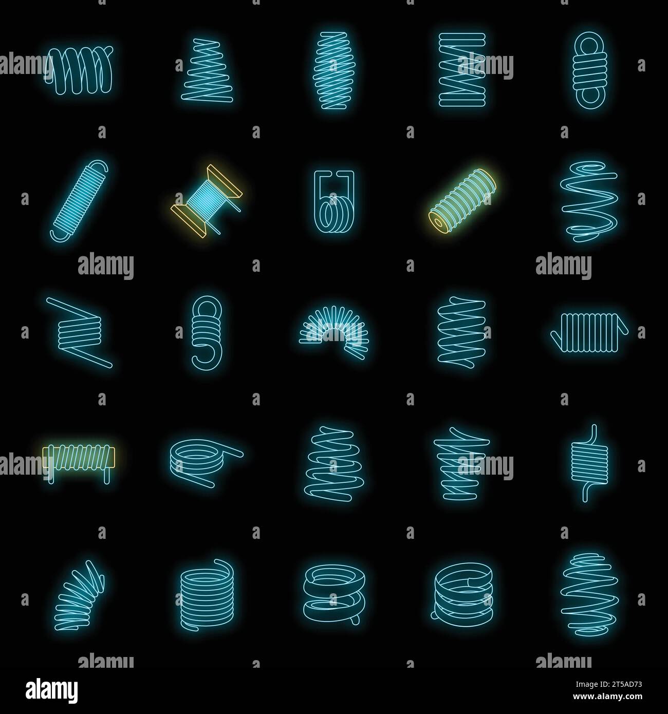 Symbolsatz für Spiralfederkabel. Umrissdarstellung von 25 Vektorsymbolen für Spiralfederkabel Neonfarbe auf Schwarz Stock Vektor