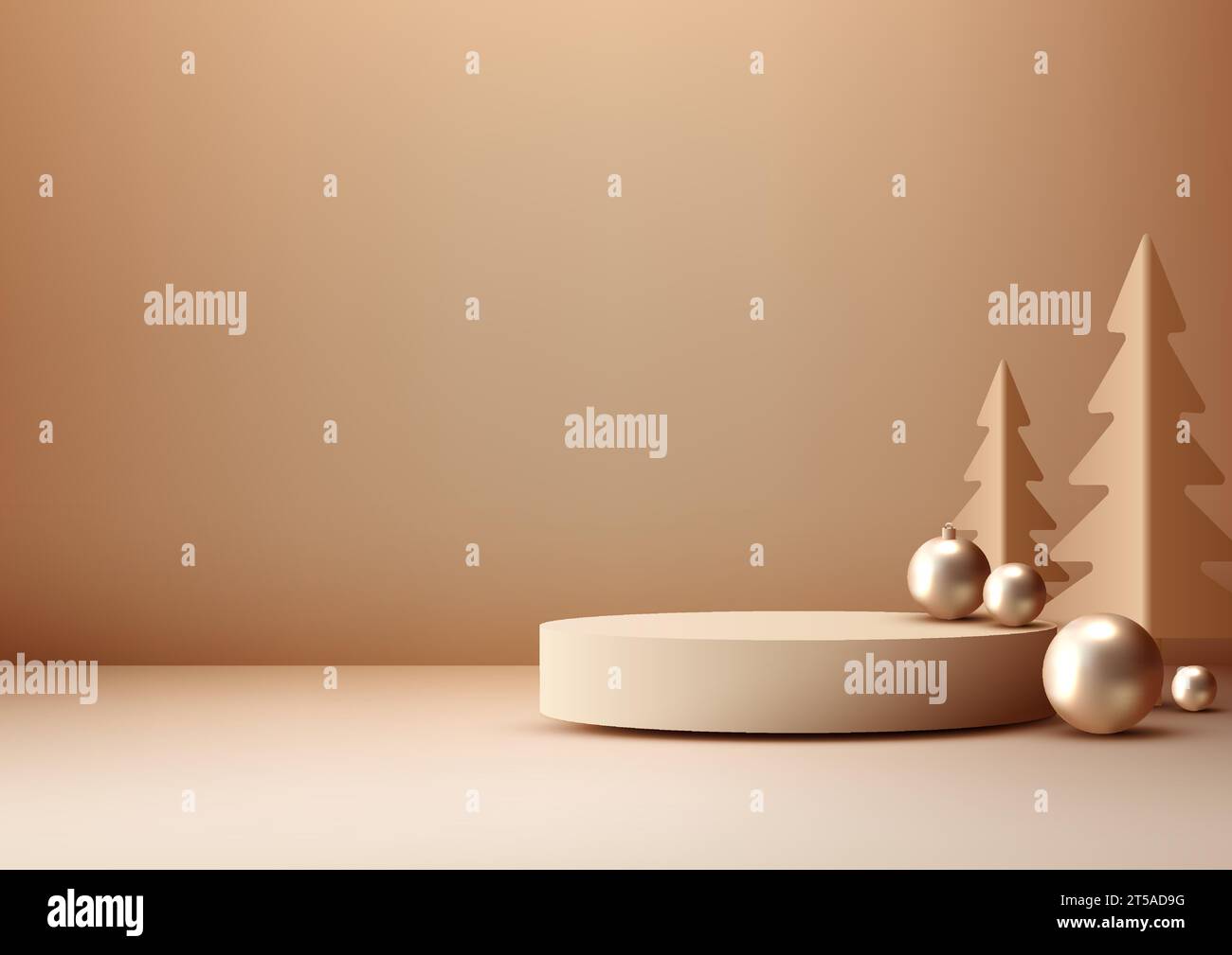 Realistisches, beigefarbenes 3D-weihnachtspodium auf braunem Hintergrund mit Kiefern und goldenen Kugeln im luxuriösen Stil. Perfekt für Produktpräsentationen, Mockups und Ausstellungsräume Stock Vektor