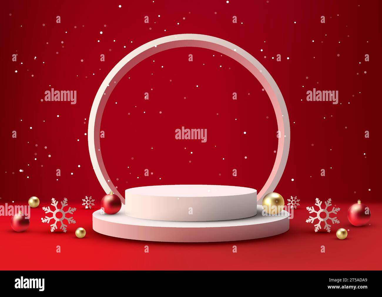 Realistisches weißes 3D-Podium. Ein festlicher roter Hintergrund für das neue Jahr mit weißen Schneeflocken und goldenen, roten Kugeln. Perfekt für Weihnachtsartikel Stock Vektor