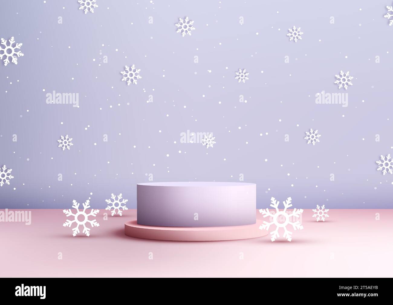 Weihnachtliches, festliches 3D-Podium in Lila und Pink mit Schneeflocke und Schnee auf lila Hintergrund, perfekt für die Präsentation von Produkten und für ein Mock Stock Vektor