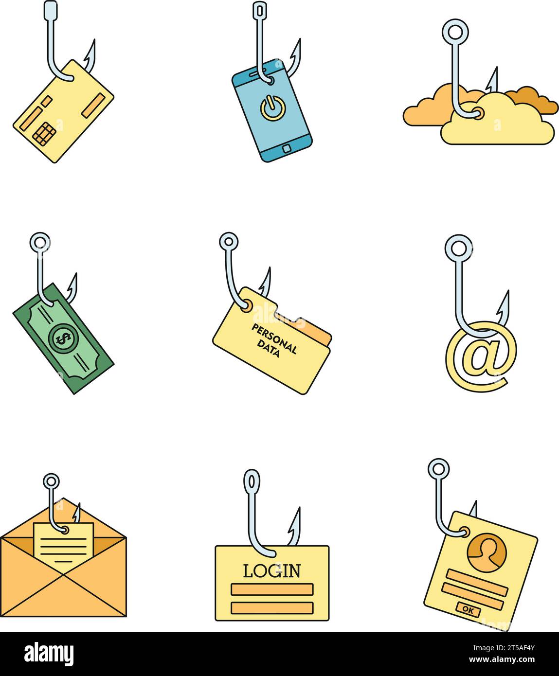 Cyber-Phishing-Symbolgruppe. Kontursatz von Cyber-Phishing-Vektorsymbolen, dünne Linie, flach auf weiß Stock Vektor