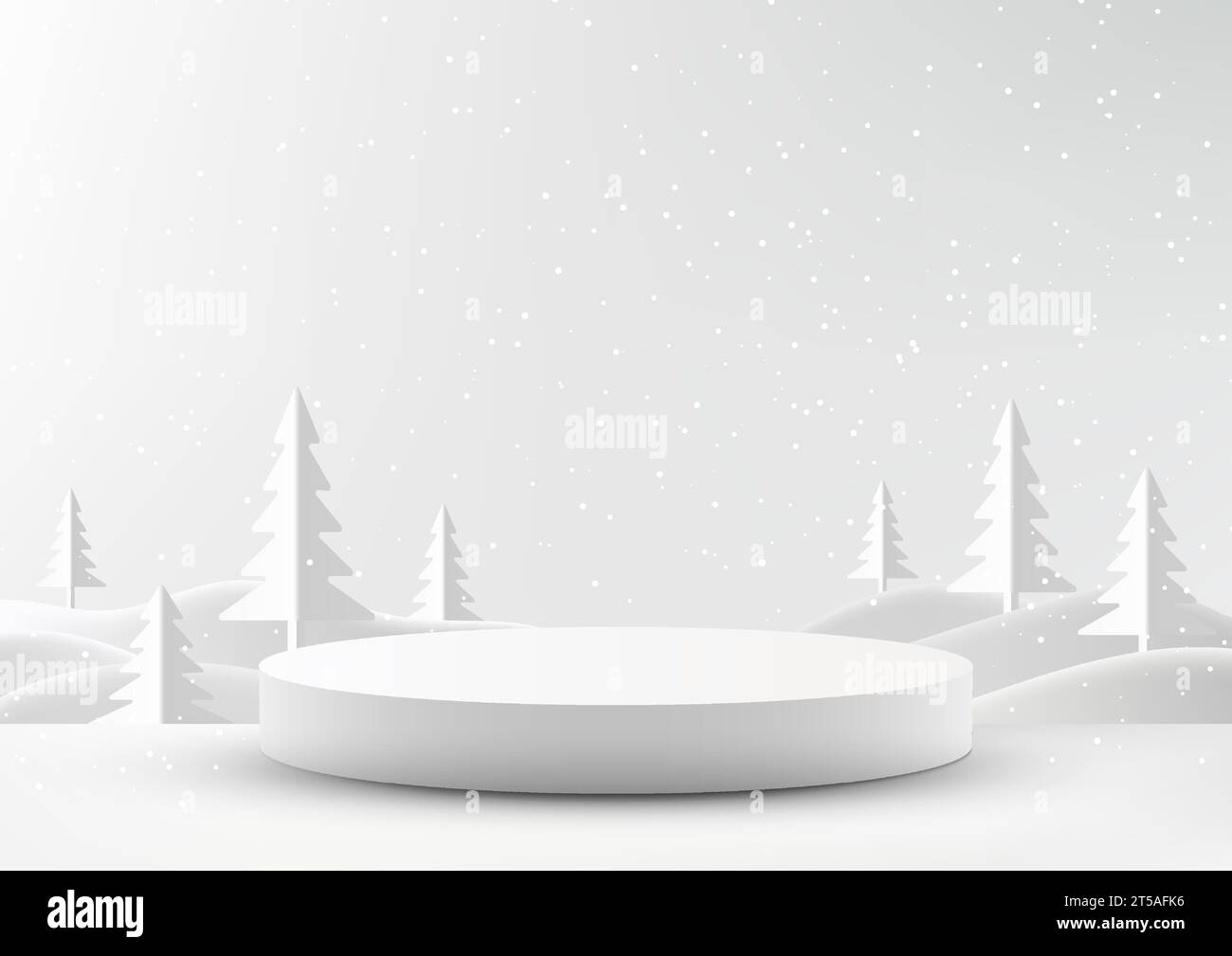 Präsentieren Sie Ihre Produkte stilvoll mit diesem minimalen Mockup zu Weihnachtsartikeln. Mit weißem Podium und schneebedecktem Hintergrund. Vektor krank Stock Vektor