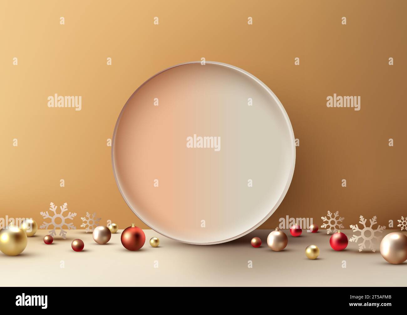 Weihnachtlicher luxuriöser Hintergrund mit realistischem 3D-Kreis mit goldenen und roten Kugeln. Perfekt für Produktdisplays, Weihnachtskarten und Stock Vektor
