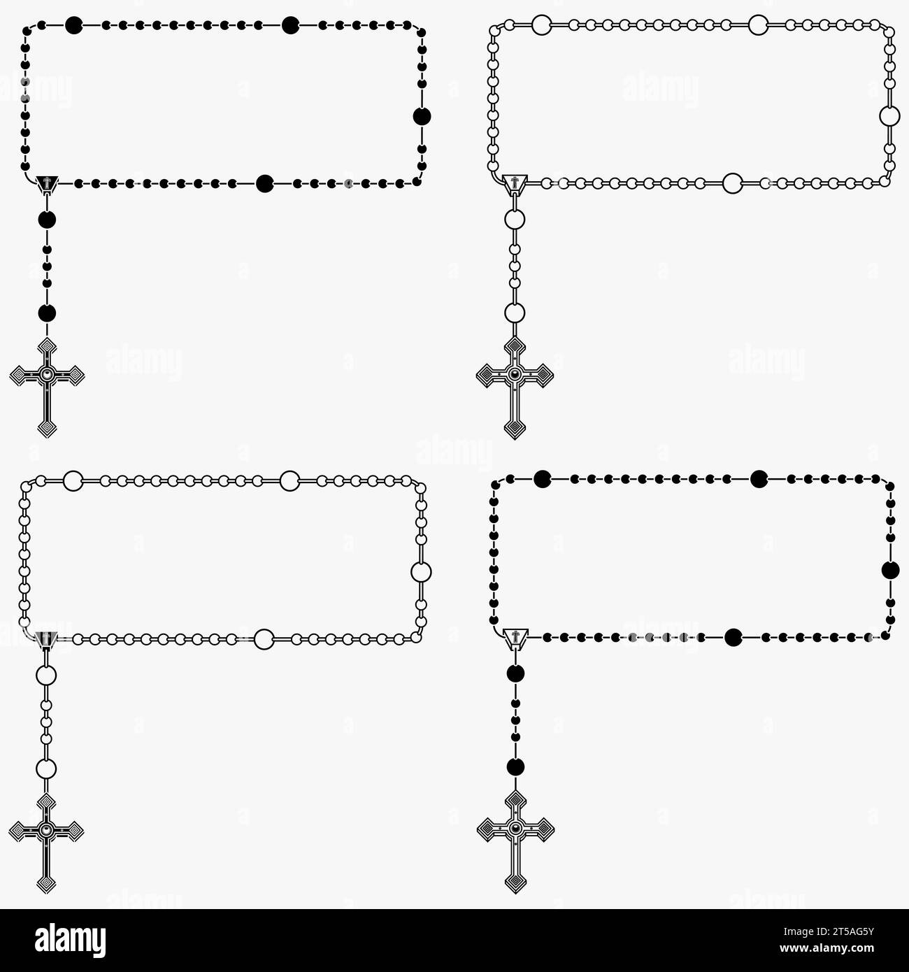 Vektordesign des Rahmens für Fotografie mit katholischem Rosenkranz, Rosenkranz mit christlichem Kreuz mit quadratischer Form, Symbol der katholischen Religion Stock Vektor