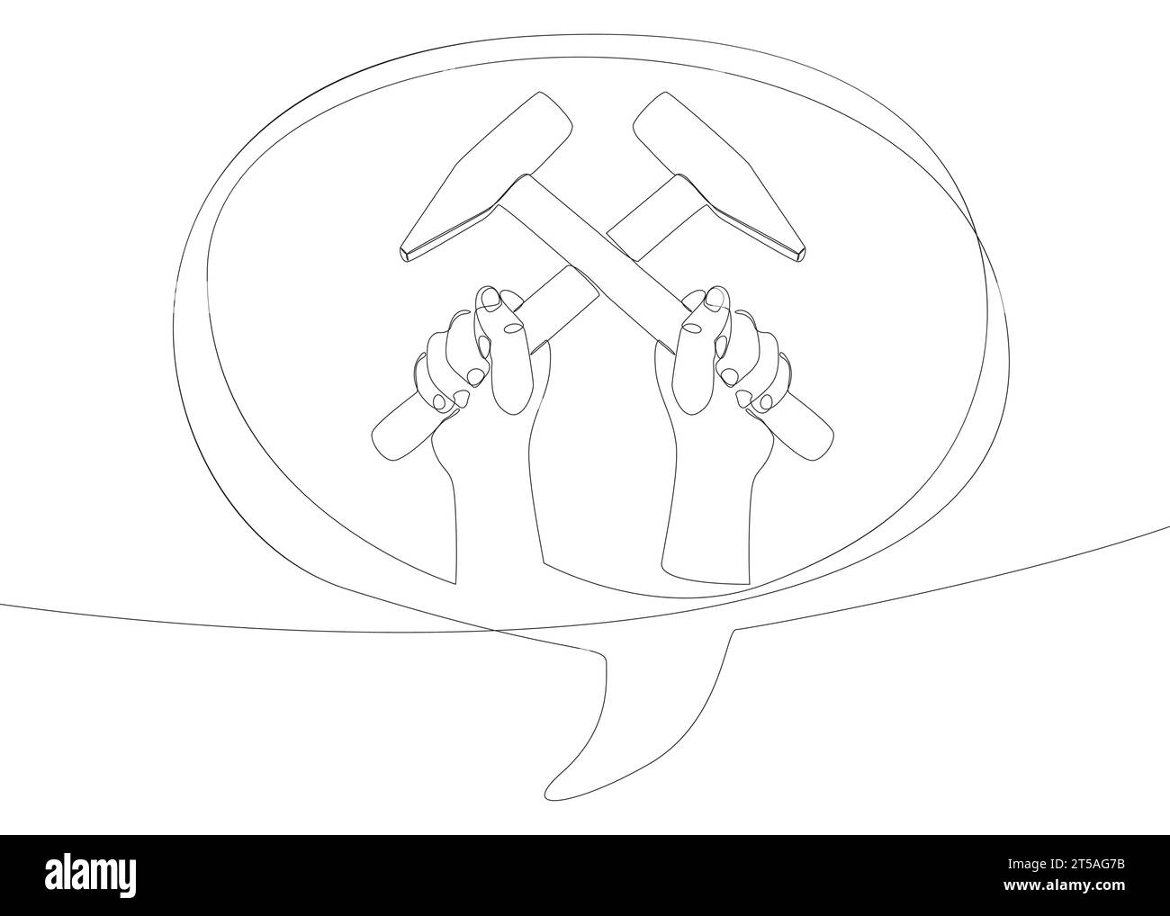 Eine durchgehende Sprechblase mit Hammer. Illustration dünner Linien Tool Vektorkonzept. Konturzeichnung kreative Ideen. Stock Vektor