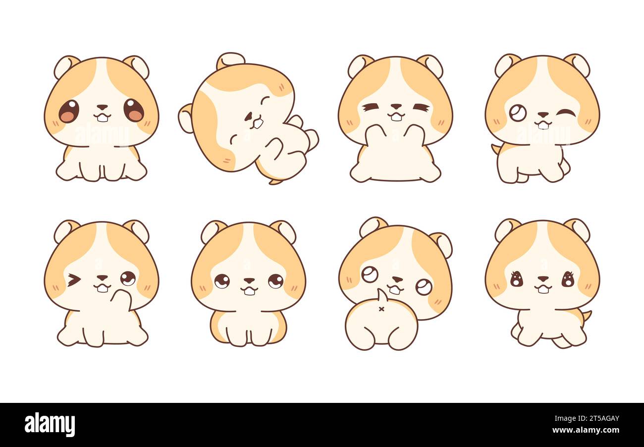 Set von Kawaii isoliertem Hamster. Sammlung von Vector Cartoon Baby Tier Illustrationen für Aufkleber, Baby Dusche, Malseiten, Drucke für Kleidung Stock Vektor