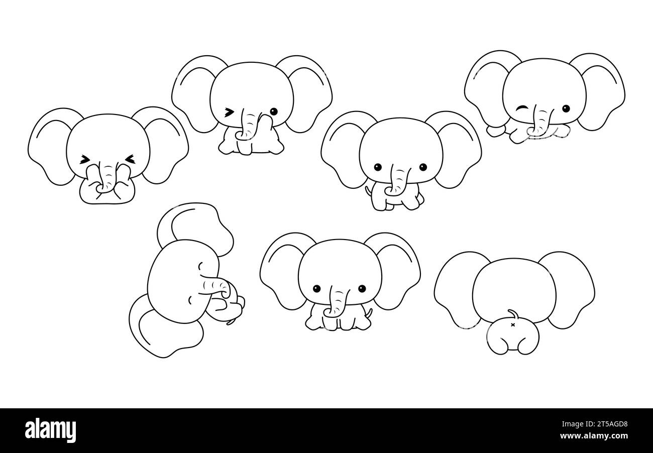 Sammlung von Vektor-Cartoon Baby Elefant Malseite. Set von Kawaii isolierte Tierumrisse für Aufkleber, Babydusche, Malbuch, Drucke für Stock Vektor