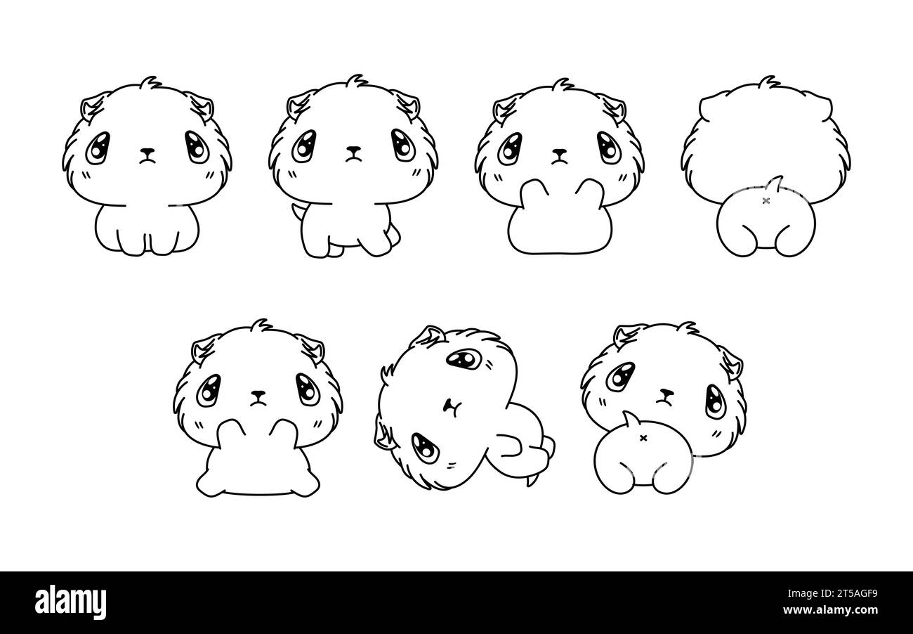 Sammlung von Vector Cartoon Meerschweinchen Malseite. Set von Kawaii isolierte Tierumrisse für Aufkleber, Babydusche, Malbuch, Drucke für Stock Vektor