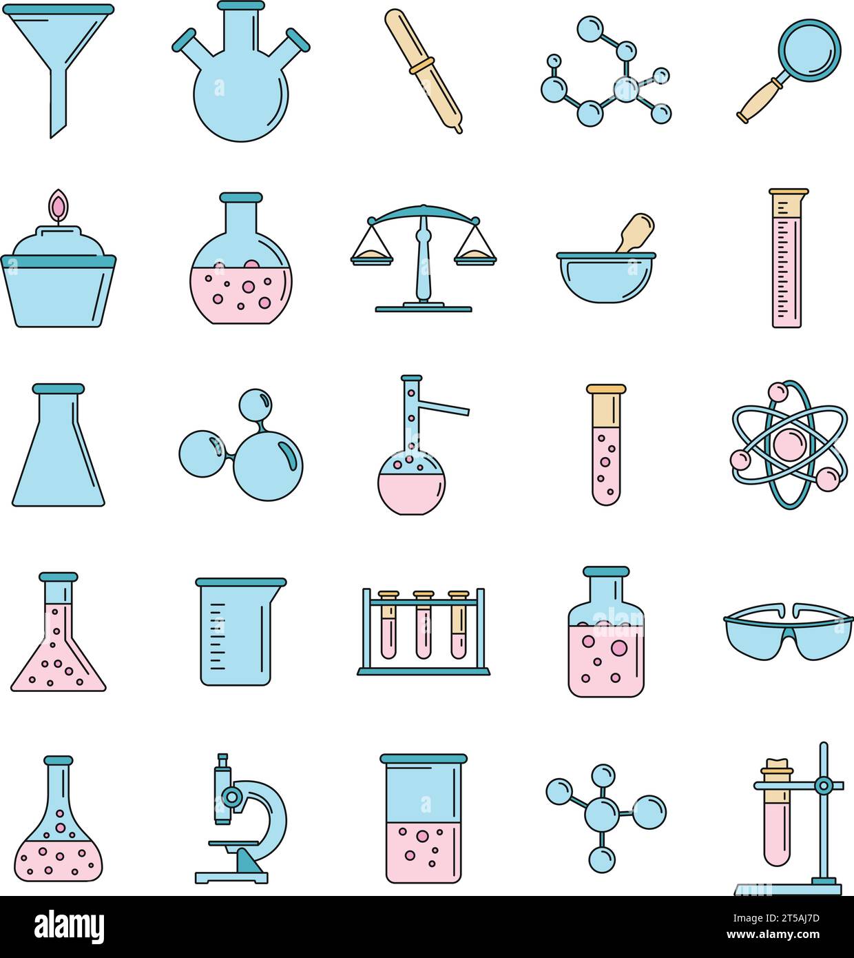 Symbolsatz für Wissenschaftslabor. Umrisssatz von wissenschaftlichen Laborvektorsymbolen dünne Linie Farbe flach auf weiß Stock Vektor