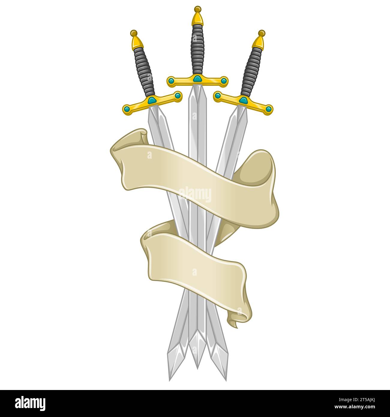 Europäisches mittelalterliches Schwertvektordesign, mittelalterliche Schwerter umkreist mit heraldischem Band Stock Vektor
