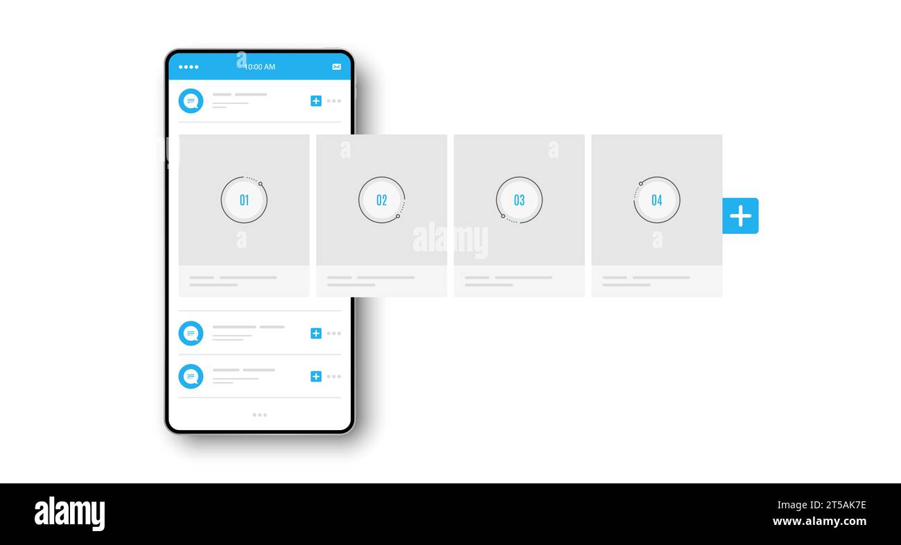 Smartphone mit Schnittstelle Karussellpfosten. Vorlage für Werbeanzeigen in sozialen Netzwerken. Online-Beiträge. Kommentar-Chat-Blase. Werbebanner für Karussells. Soziale Medien. Stock Vektor