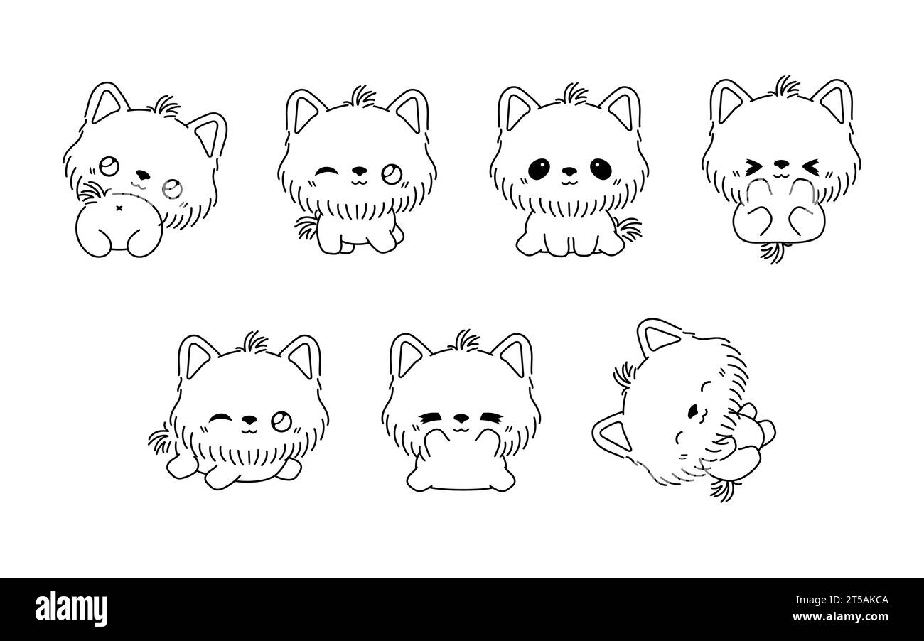 Set von Kawaii isoliert Yorkshire Terrier Dog Malpage. Sammlung von niedlichen Vektor-Cartoon-Welpen-Outline für Aufkleber, Baby-Dusche, Malbuch Stock Vektor