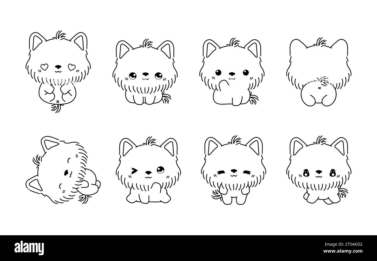Set von Kawaii isoliert Yorkshire Terrier Dog Malpage. Sammlung von niedlichen Vektor-Cartoon-Welpen-Outline für Aufkleber, Baby-Dusche, Malbuch Stock Vektor