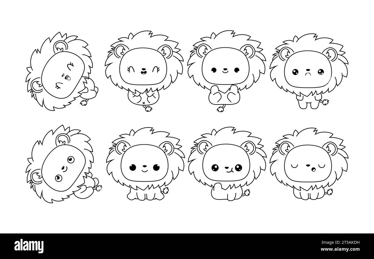 Set der Malseite für den isolierten Löwen von Kawaii. Sammlung von niedlichen Vektor Cartoon König Tier Outline für Aufkleber, Baby Dusche, Malbuch, Drucke für Stock Vektor