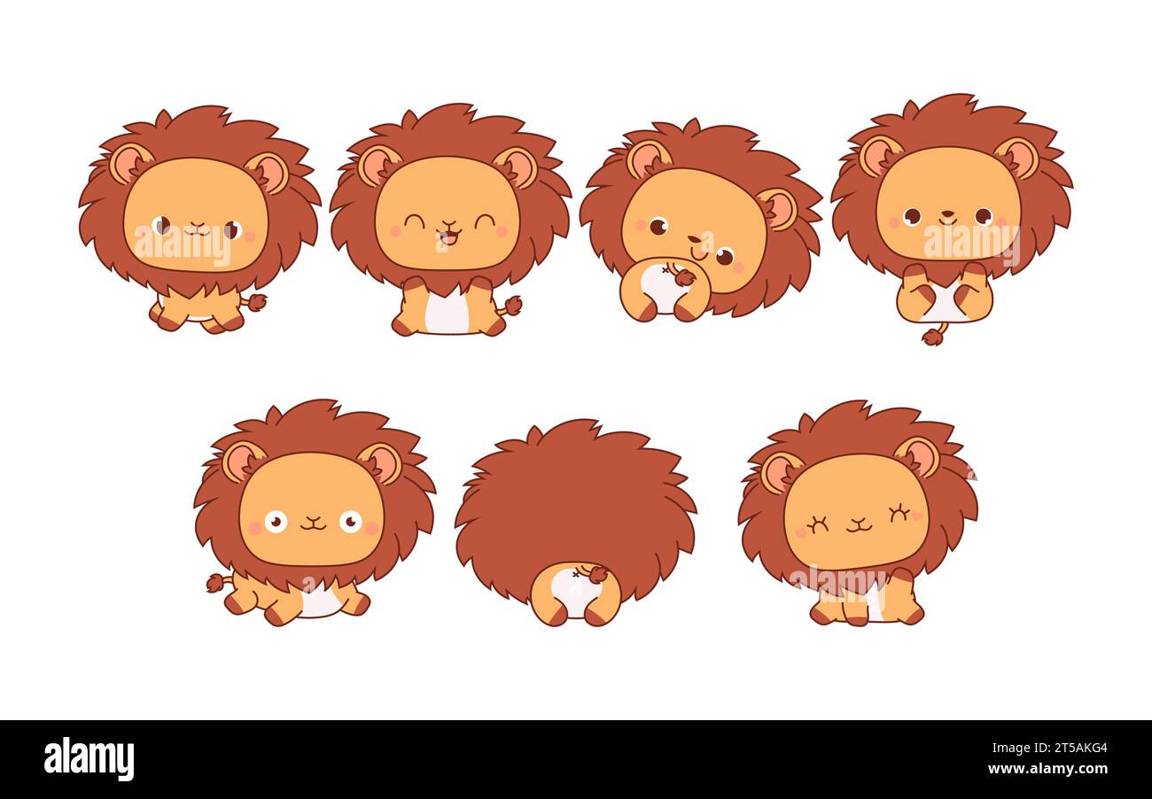 Sammlung von Vector Cartoon Lion Art. Satz von Kawaii isolierten Tierillustrationen für Drucke für Kleidung, Aufkleber, Babydusche, Malseiten Stock Vektor