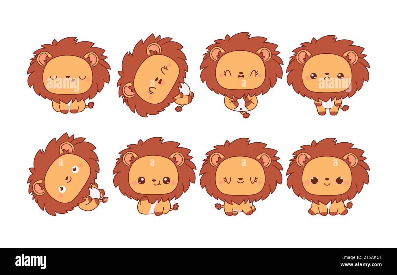 Set von Kawaii isolierten Löwen. Sammlung von Vektor-Cartoon König Tier Illustrationen für Aufkleber, Baby Dusche, Malseiten, Drucke für Kleidung Stock Vektor