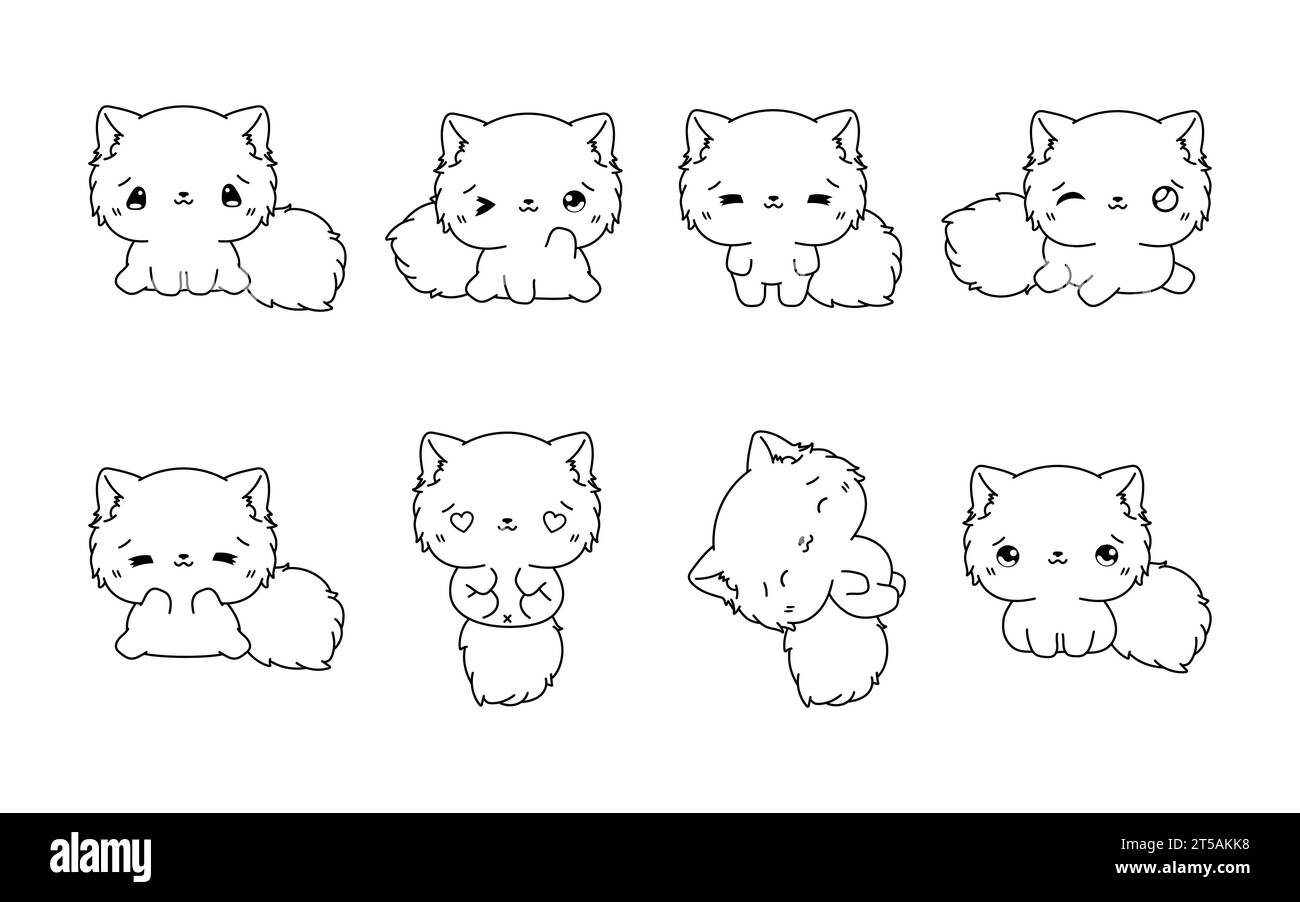 Satz der Kawaii-Kolorationsseite für isolierte persische Katzen. Sammlung von niedlichen Vector Cartoon Kitten Outline für Aufkleber, Baby Dusche, Malbuch, Drucke Stock Vektor