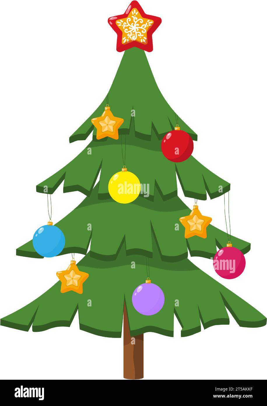 Weihnachtsbaum mit Kugeln und Sternen dekoriert. Immergrüner Nadelbaum mit charakteristischer konischer Form und hängenden Kegeln. Symbol für Weihnachten Stock Vektor