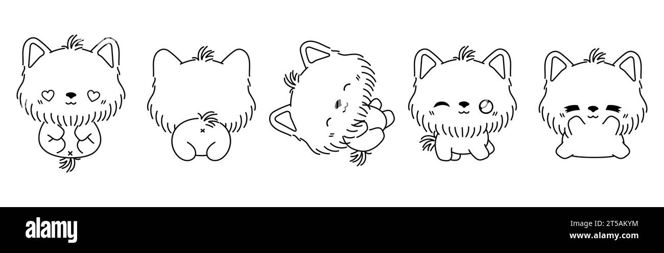 Set von Kawaii isoliert Yorkshire Terrier Dog Malpage. Sammlung von niedlichen Vektor-Cartoon-Welpen-Outline für Aufkleber, Baby-Dusche, Malbuch Stock Vektor