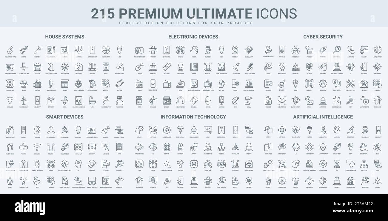 Intelligentes Home-System mit elektronischen Geräten und Geräten, dünne schwarze KI-Symbole setzen Vektorillustration. Skizzieren Sie Symbole für Cybersicherheit und Zugangsschutz, Sammlung künstlicher Intelligenz Stock Vektor