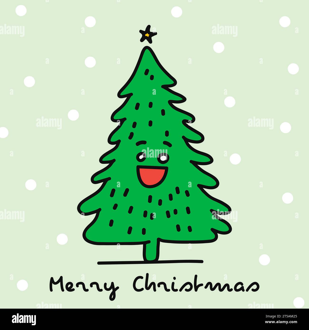 Frohe Weihnachtsgrußkarte mit lächelndem Cartoon-Weihnachtsbaum. Flaches Design im Doodle-Stil. Festliche quadratische Banner-Vorlage. Vektorabbildung Stock Vektor