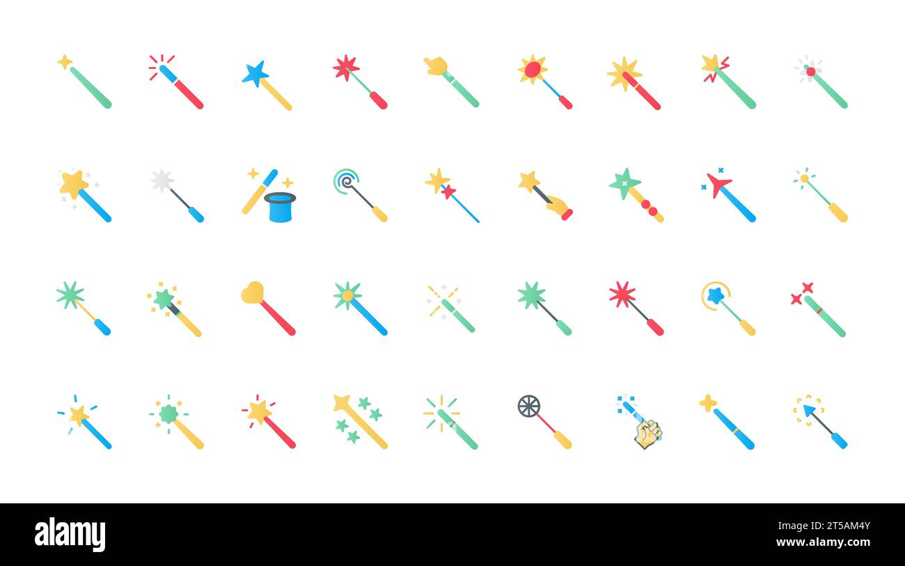 Magic Zauberstab flache Symbole setzen Vektorillustration. Piktogramme mit Zauberhand und Hut für Illusionstricks mit Sternen und Glitzereffekt, magische Symbole der Fantasie und des Wunders. Stock Vektor