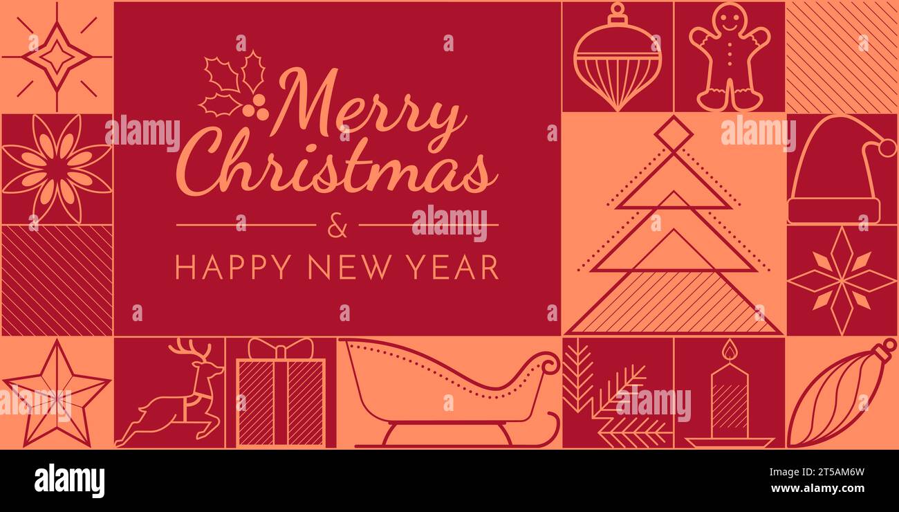 Weihnachts- und Winterfeiertagskarte mit Wünschen und dekorativen Vektorsymbolen, Kopierraum Stock Vektor