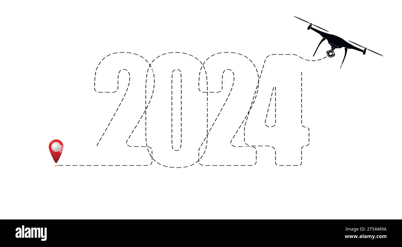Frohe Weihnachten und Neujahr Konzept, Ziel mit Route 2024. Steuerung und Zeichnen der Drohne. Stock Vektor