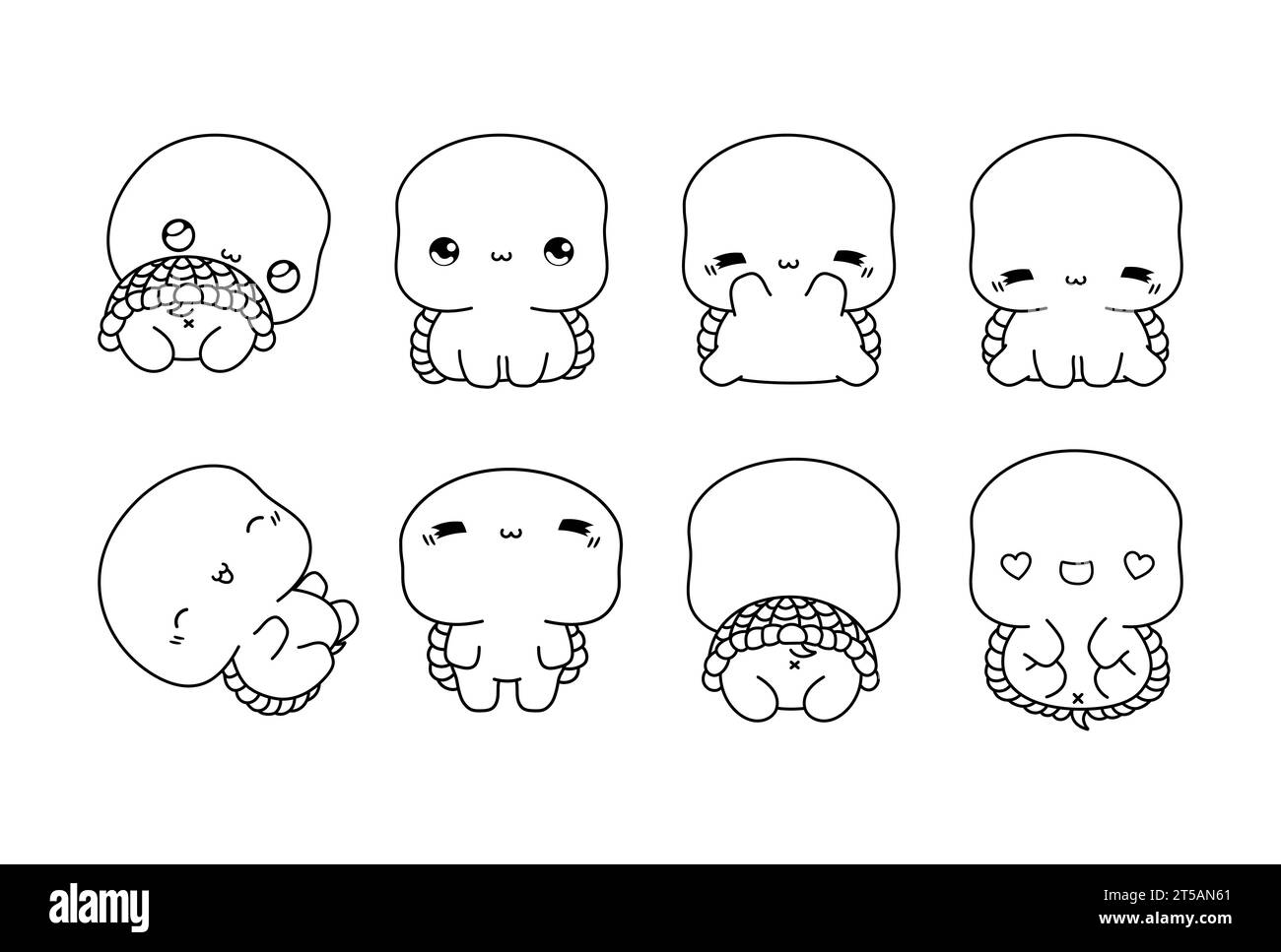 Set der Kawaii-Seite für die isolierte Schildkröte. Sammlung von niedlichen Vektor-Cartoon-Tier-Outline für Aufkleber, Baby-Dusche, Malbuch, Drucke für Stock Vektor