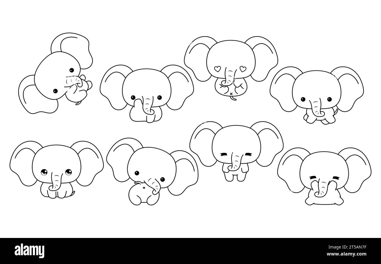 Set der Malseite für isolierte Elefanten von Kawaii. Sammlung von niedlichen Vektor Cartoon Baby Tier Outline für Aufkleber, Baby Dusche, Malbuch, Drucke Stock Vektor
