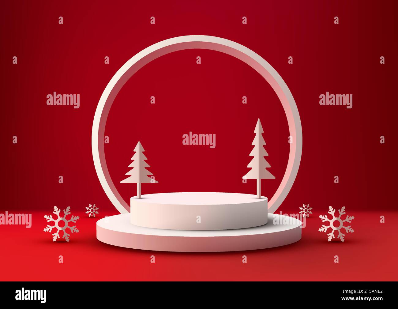 Realistisches weißes 3D-Podium. Ein festlicher roter Hintergrund für das neue Jahr mit weißen Schneeflocken und Pinienpapierkunst. Perfekt für Weihnachtsartikel Stock Vektor