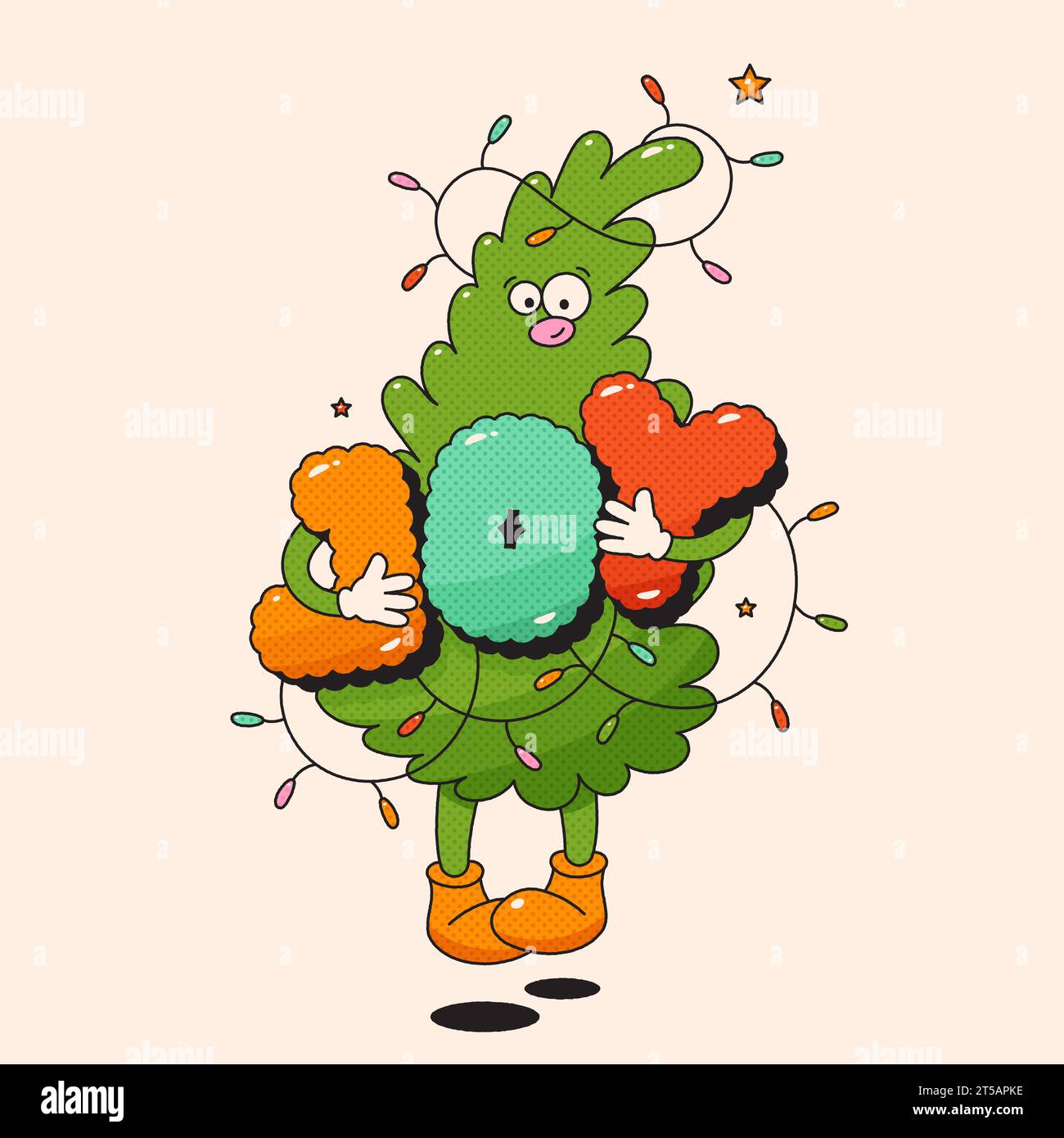 Weihnachtsfigur mit groovigem Maskottchenbaum mit den Buchstaben „Joy“ und „Girlande“. Stock Vektor