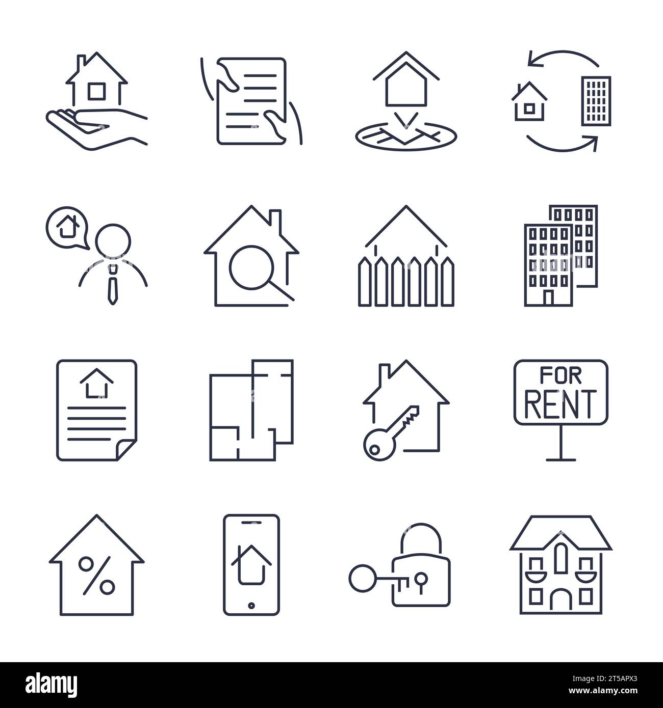 Immobilien, Gebäude, Haus, Bau, Vertragssymbol und Schild Konzept Vektorsatz für Infografiken, Website Stock Vektor